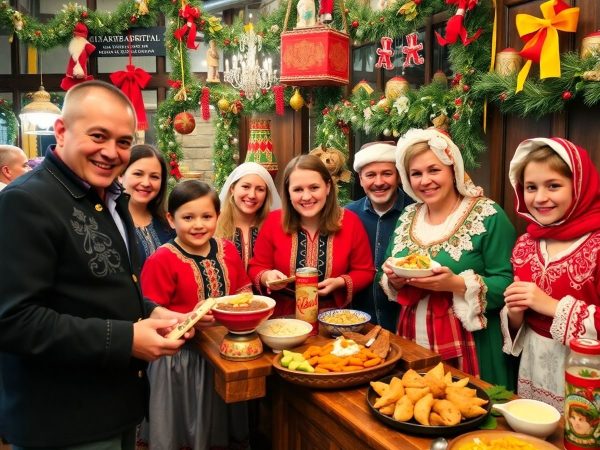 Sărbători tradiționale românești cu costume și bucate festive.