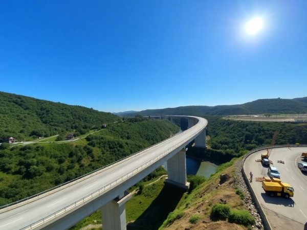 Pod modern, autostradă în construcție, peisaj românesc însorit.