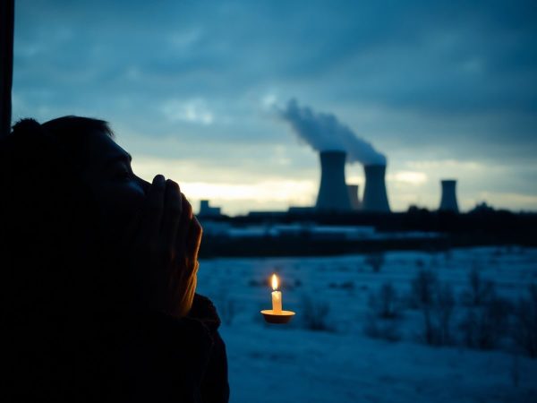 Oameni îngrijorați lângă o centrală electrică.