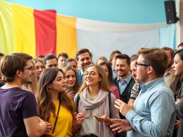 Oameni discutând despre preferințele politice în România.
